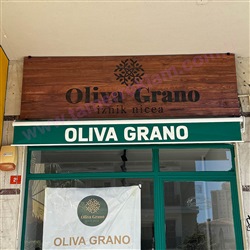 Masif Ahşap Yakma Tabela, Oliva Grano Cephe Tabelası